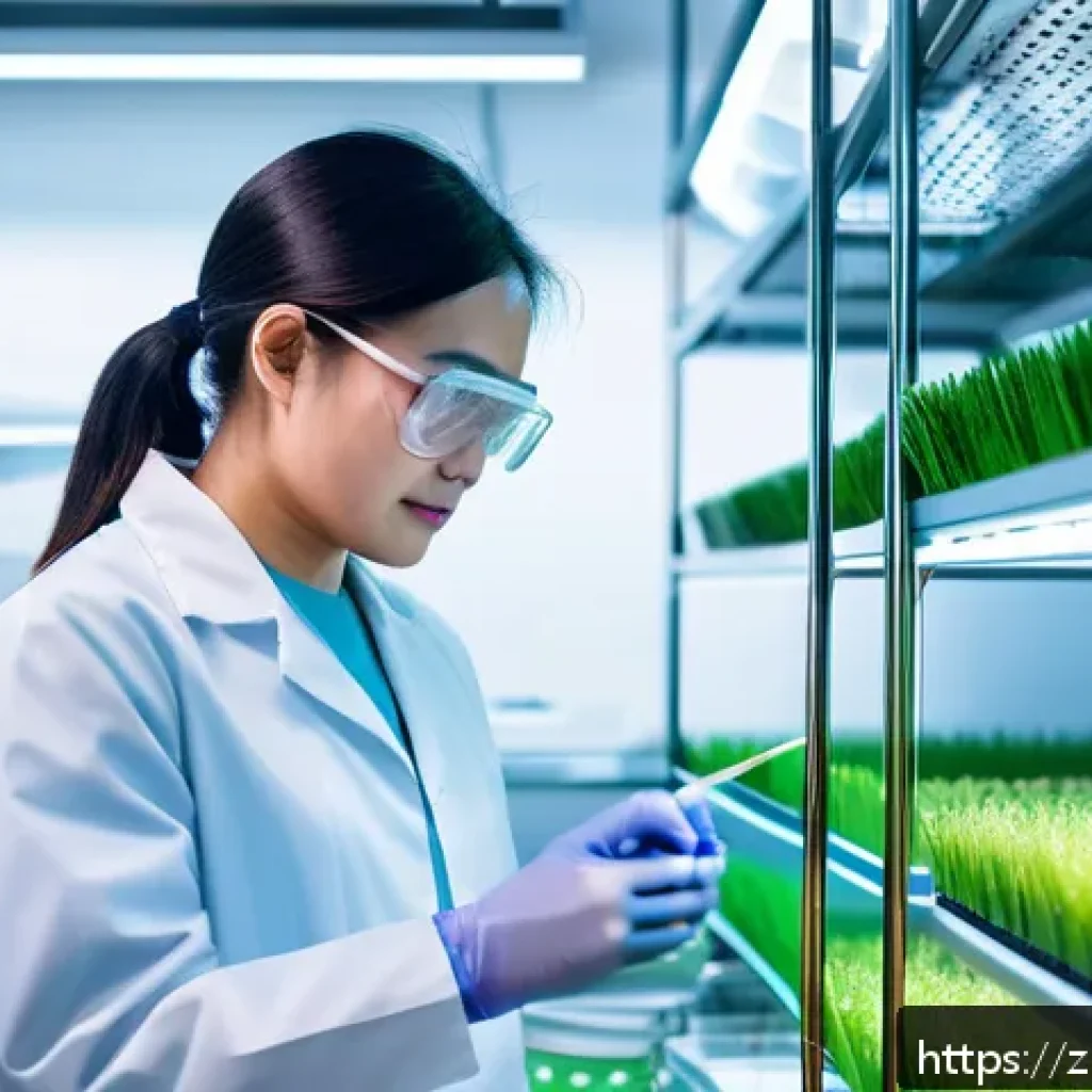 농업 생명공학 활용 사례 - A modern agricultural research laboratory scene showcasing scientists working with advanced gene edi...