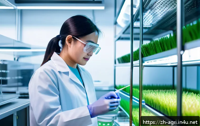 농업 생명공학 활용 사례 - A modern agricultural research laboratory scene showcasing scientists working with advanced gene edi...