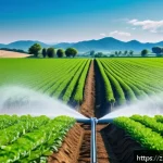 농업 에너지 절약 기술 - A modern smart irrigation system in a lush agricultural field under a clear blue sky, featuring soil...