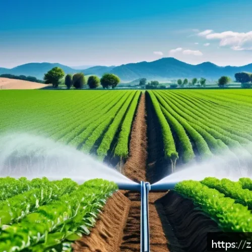 농업 에너지 절약 기술 - A modern smart irrigation system in a lush agricultural field under a clear blue sky, featuring soil...