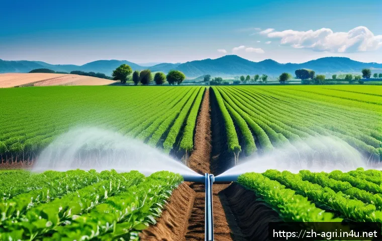 농업 에너지 절약 기술 - A modern smart irrigation system in a lush agricultural field under a clear blue sky, featuring soil...