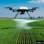 농업 분야 드론 규제 - A modern agricultural drone flying at a height below 120 meters over a vast green farm, spraying cro...