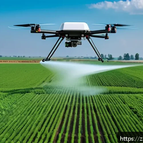 농업 분야 드론 규제 - A modern agricultural drone flying at a height below 120 meters over a vast green farm, spraying cro...