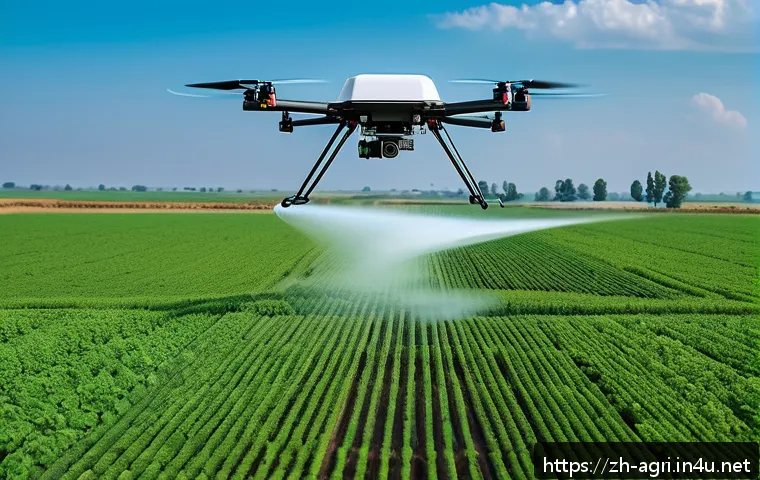 농업 분야 드론 규제 - A modern agricultural drone flying at a height below 120 meters over a vast green farm, spraying cro...