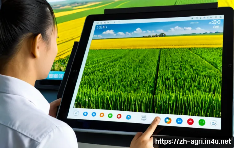 농업 관련 공공 데이터 활용 - Photorealistic modern agricultural data center, an agronomist and a farmer reviewing a large tablet ...